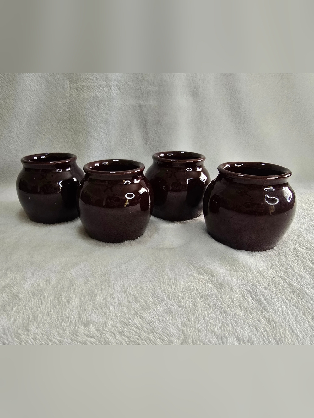 Set of 4 Vintage Brown Glazed Ceramic Individual Bean Pots USA 3.5"